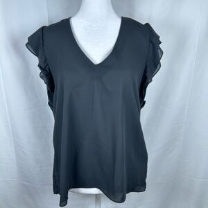Veronica M Black Sheer Cap Sleeve Blouse Size Small Ruffle V-Neck